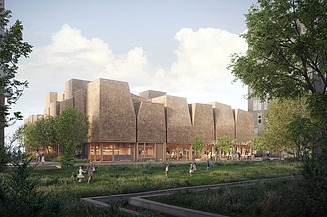 Bild eines Gebäudes mit Holzfassade