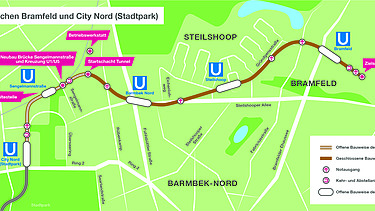 Karte von einem Streckenabschnitt der geplanten U-Bahnlinie 5. 