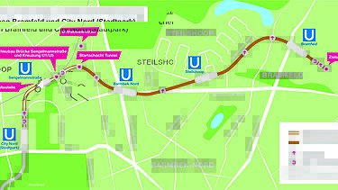 Karte von einem Streckenabschnitt der geplanten U-Bahnlinie 5. 