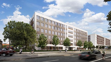 Visualisierung vom Holz-Hybrid-Bürogebäude Platinum in Wiesbaden. 