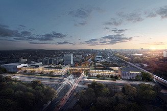 Visualisierung einer Stadt aus der Vogelperspektive, mit Blick auf die neuen Bürogebäude.  