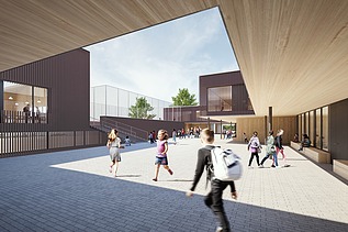 Visualisierung von der Schule am Hang Frankfurt am Main, mit Blick auf den Pausenhof.