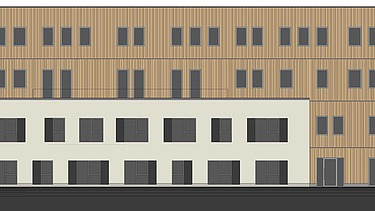 Visualisierung des Holz-Hybrid-Verwaltungsgebäudes von asphericon in Jena