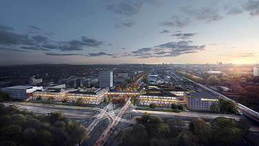 Visualisierung einer Stadt aus der Vogelperspektive, mit Blick auf die neuen Bürogebäude.  