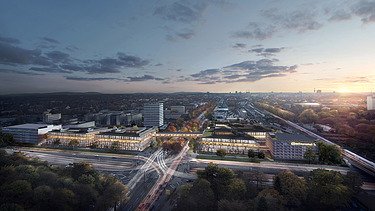 Visualisierung einer Stadt aus der Vogelperspektive, mit Blick auf die neuen Bürogebäude.  