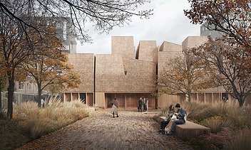Bild eines Gebäudes mit kompletter Holzfassade