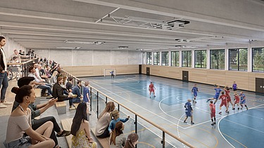 Visualisierung von einer Sporthalle von innen bei einem Handballspiel. 