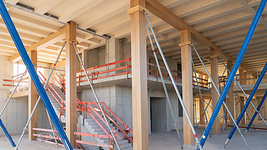 Foto von den Tragstruktur die das Holz-Beton-Verbund-Deckenelemente halten.