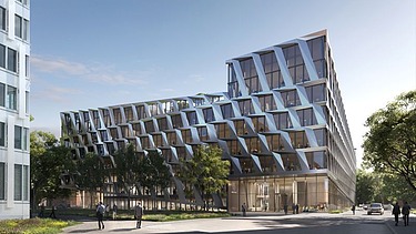 Visualisierung vom „ONE PLAZA“ in Düsseldorf mit Blick von der Straße.    