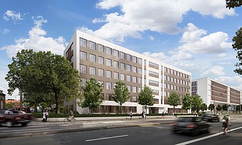 Visualisierung vom Holz-Hybrid-Bürogebäude Platinum in Wiesbaden. 