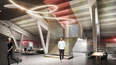 Visualisierungen der Mercedes Benz Arena mit Blick in den exklusiven Businessbereiches.  