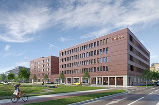 Visualisierung des üeins Büro- und Hotelkomplex mit Blick von der Seite. 