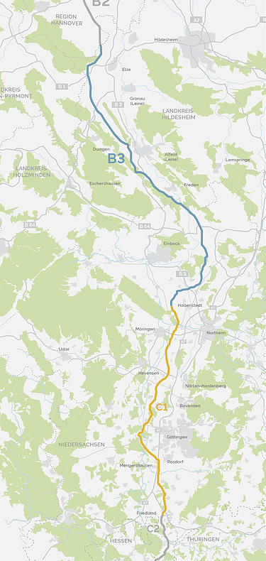 Map of the SuedLink section between Elze and Friedland in southern Lower Saxony.