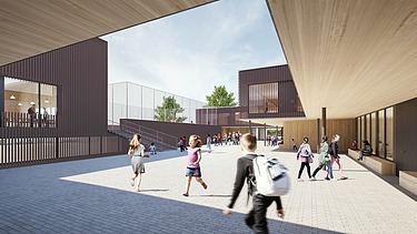 Visualisierung von der Schule am Hang Frankfurt am Main, mit Blick auf den Pausenhof.