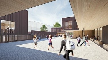 Visualisierung von der Schule am Hang Frankfurt am Main, mit Blick auf den Pausenhof.