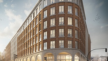 Visualisierung eines Bürogebäudes mit Blick von einer Straßenkreuzung.  