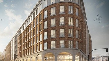 Visualisierung eines Bürogebäudes mit Blick von einer Straßenkreuzung.  