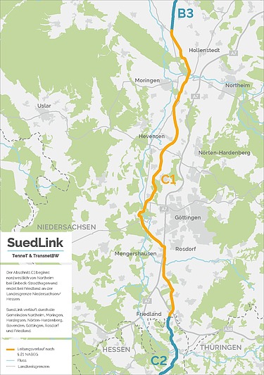 Foto einer Straßenkarte, der Teiabschnitt C1 ist orange gekennzeichnet