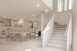 Visualisierung vom neuen Maggie’s Centre am Royal Free Hospital von innen. Es ist eine Treppe zu sehen und Tische und Stühle.  