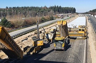 Foto von mehreren Straßenbaumaschinen beim Einbau einer Betondecke