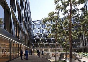 Visualisierung vom „ONE PLAZA“ in Düsseldorf mit Blick auf den Innenhof.    