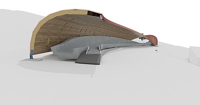 Visualisierung von einem Model, dass eine Überdachte Kurve einer Rennschlittenbahn zeigt.    