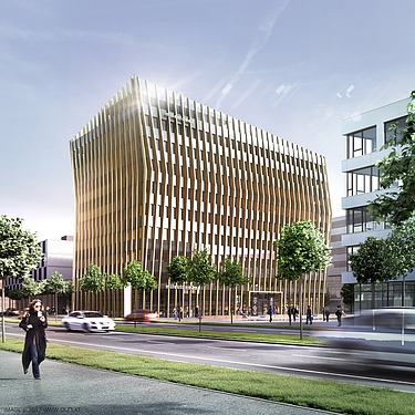 Visualisierung eines neues Bürogebäudes auf der Businessmile in Freiburg. 