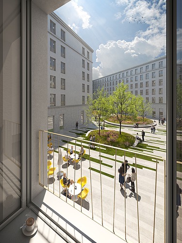 Visualisierung eines Bürogebäudes mit Blick aus dem Fenster auf den Innenhof. 