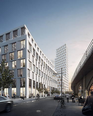 Illustration vom ZÜBLIN Hotel Alexander-Quartier mit Blick von der Seite. 