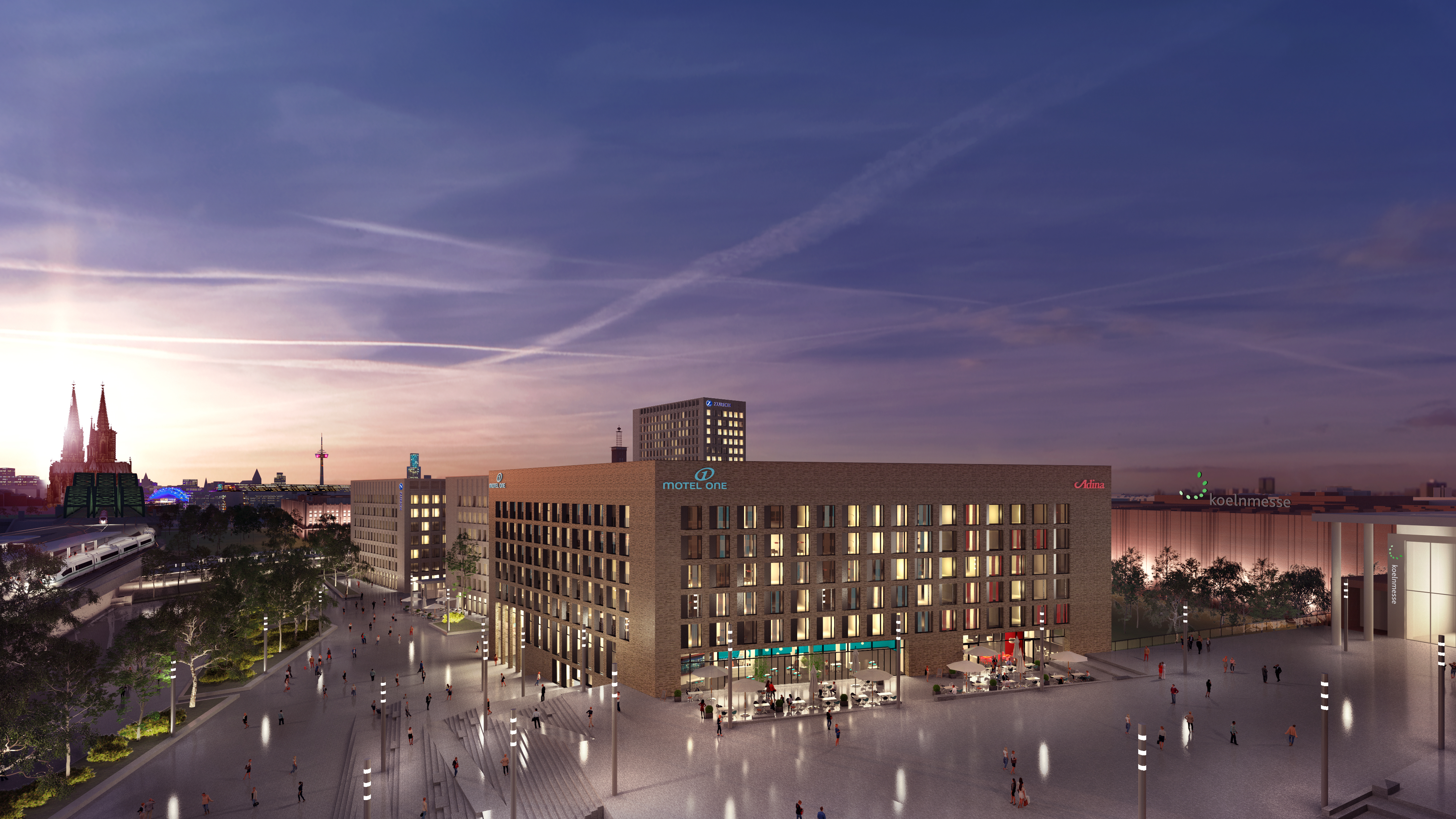 Visualisierung der Messe-Köln mit Blick auf das Motel One. 