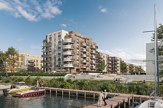 Visualisierung von Wohngebäuden, an einem See. Mehrere Personen sind auf dem Steg zusehen. 