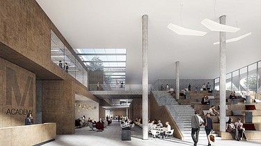 Visualisierung von einem Bürogebäude von innen. 