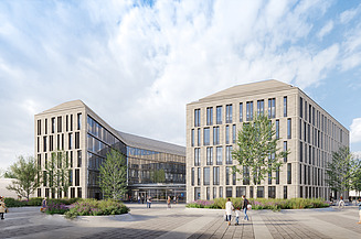 Totalvisualisierung vom Medizin Campus der Universität zu Kiel, mit Blick von der Straße. 