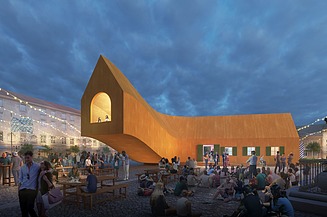 Visualisierung der Neuinterpretation der Fuggerei von außen.  