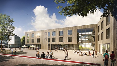 Visualisierung von einer Universität, mit Blick auf den Eingang. 