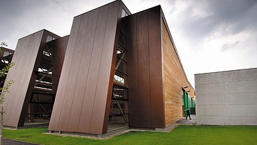 Ansicht einer Fertigungshalle in Holzbauweise, in der Seitenansicht