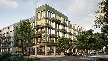 Visualisierung vom VINZENT Gebäude mit Blick von der Straße. 