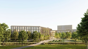 Visualisierung vom Erweiterungsneubau LRA Esslingen. Zu sehen ein Totalaufnahme vom Gebäude.  