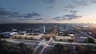 Visualisierung einer Stadt aus der Vogelperspektive, mit Blick auf die neuen Bürogebäude.  
