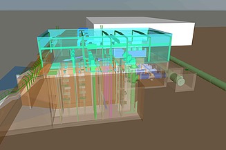 Visualisierung von einer Flusswasser-Wärmepumpe.