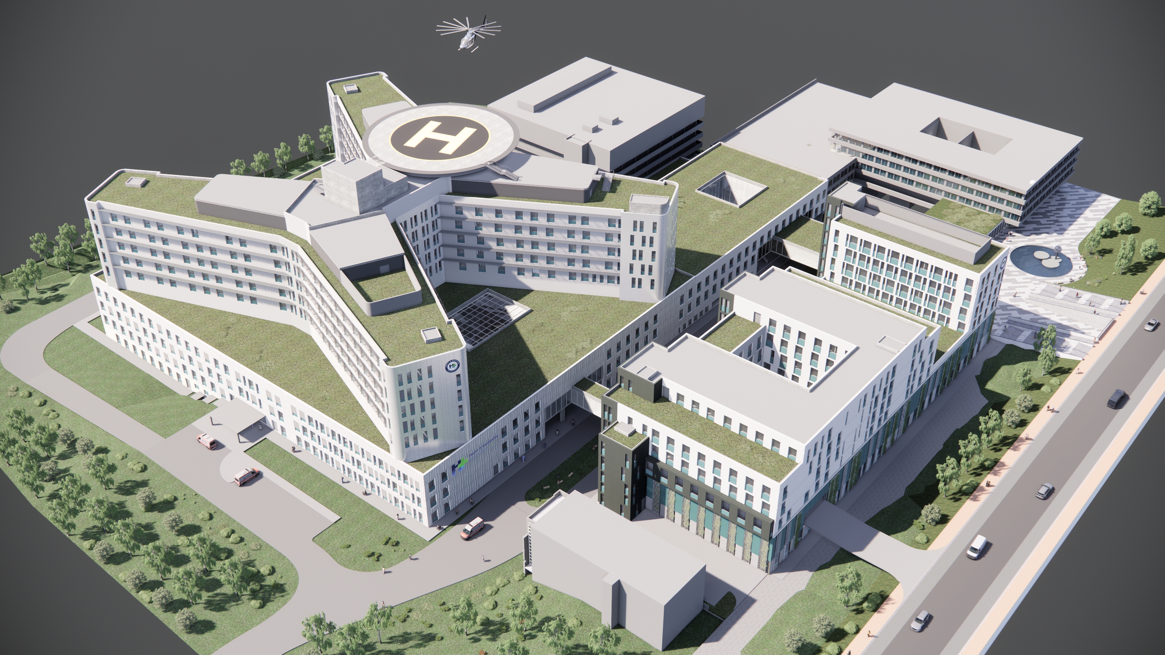 Renderings of the new F.D. Roosevelt University Hospital in Banská Bystrica following reconstruction and extension
