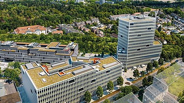 Luftaufnahme vom Büroensemble Mattes & Düxx in Köln-Deutz.