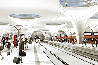 Visualisierung von einem Bahnhof, der befüllt ist mit unterschiedlichen Personen. 