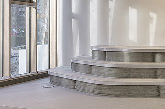 The picture shows three concrete steps in a modern foyer