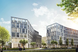 Visualisierung der Bürogebäude THE TWIST, mit Blick von der Seite.   