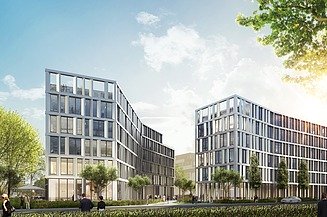 Visualisierung der Bürogebäude THE TWIST, mit Blick von der Seite.   