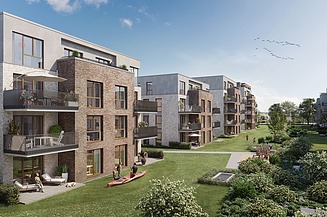 Visualisierung von Wohngebäuden. Glückliche Personen sind vor den Häusern zusehen.   