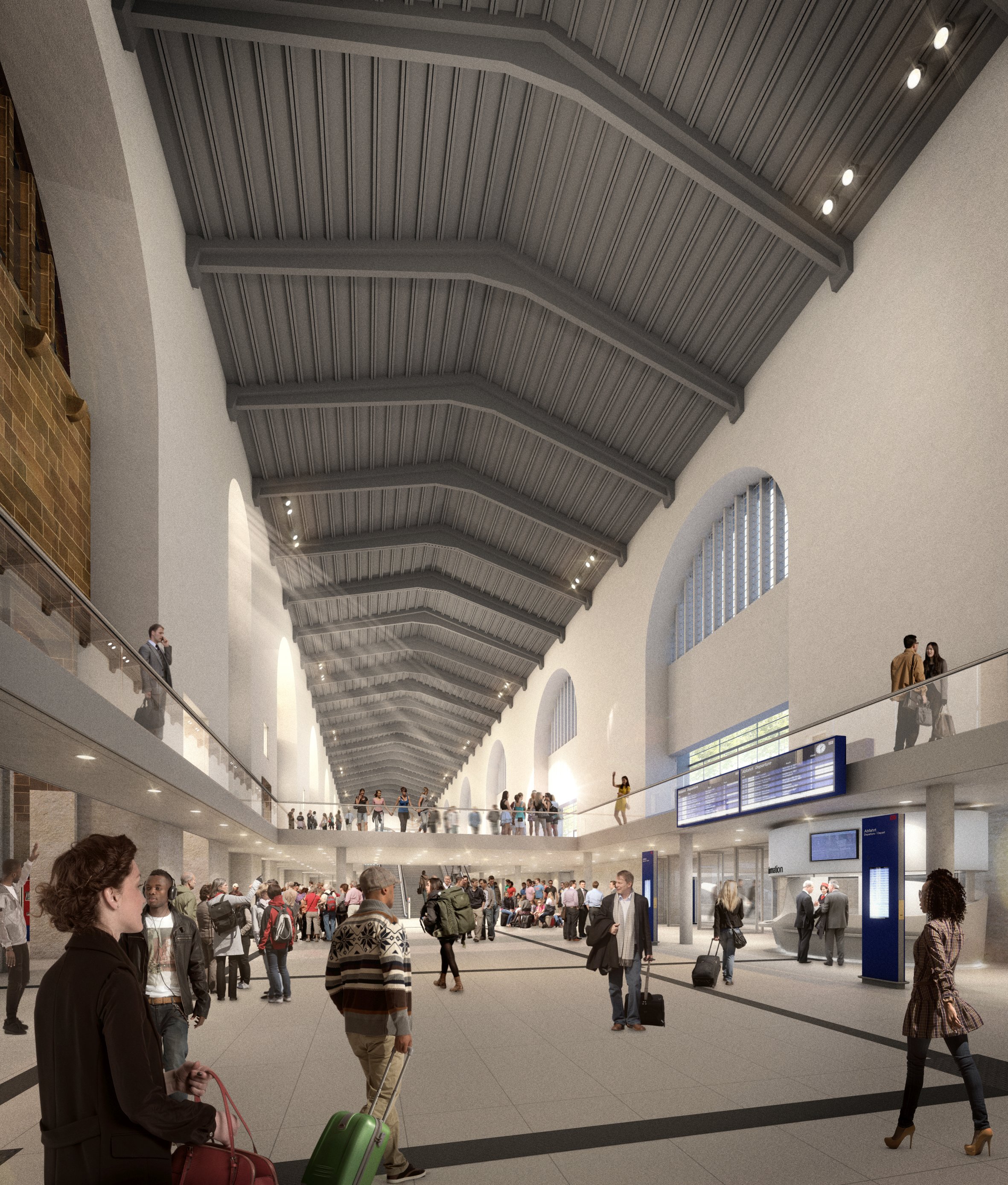 Visualisierung vom inneren eines Bahnhof in der Eingangshalle. 