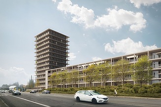 Visualisierung vom Holzhybrid-Hochhaus CARL in Pforzheim mit Blick von der Straße. 