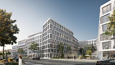 Visualisierung vom Bürogebäude MARK München auf dem ehemaligen Tengelmann-Areal in München-Laim.  